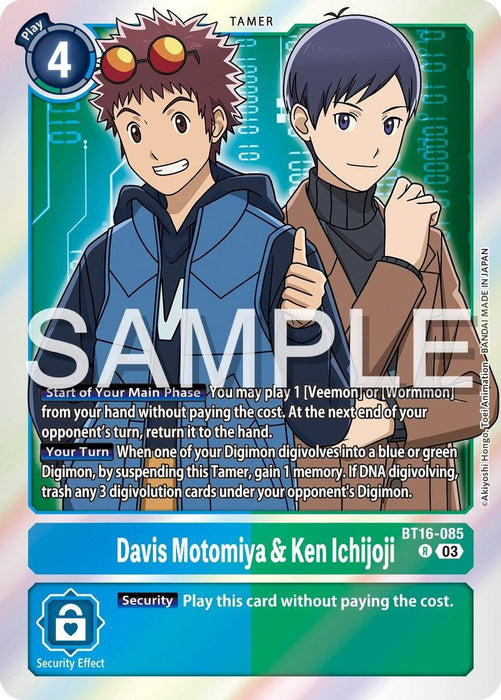 A Digimon card featuring the product name Davis Motomiya & Ken Ichijoji [BT16-085] [Beginning Observer] by the brand Digimon. Davis, on the left, wears a red shirt and blue vest, smiling with his right hand up. Ken is on the right in a blue jacket, with a serious expression and arms crossed. The card's text details their abilities and effects.