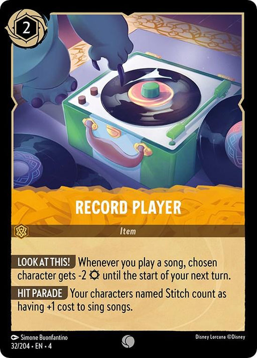 Illustration of a "Record Player (32/204) [Ursula's Return]" card from a Disney game. The card shows a bear character's paws lowering the needle on a green and yellow record player. The bottom part details the card’s abilities under "LOOK AT THIS!" and "HIT PARADE." Card number 32/204, credited to Simone Buonfantino, hints at Ursula's Return.