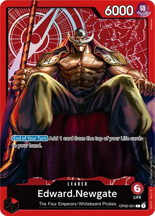 A Leader Card features Edward Newgate, a muscular man wearing a white cap and red and black outfit, sitting on a throne with his arms crossed. The background has a red design with a sword. This Edward.Newgate (Special Goods Set -Former Four Emperors-) [One Piece Promotion Cards] from Bandai states, "End of Your Turn: Add 1 card from the top of your Life cards to your hand.