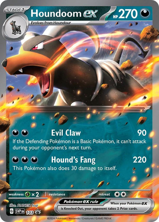 The image shows a Pokémon trading card featuring Houndoom ex (103) [Scarlet & Violet: Black Star Promos], a Stage 1 Fire-type Pokémon with 270 HP. Part of the Scarlet & Violet series, the card includes two attacks: "Evil Claw" which deals 90 damage and "Hound’s Fang" which deals 220 damage but also causes 30 damage to Houndoom ex (103) [Scarlet & Violet: Black Star Promos]. The card has fire-themed artwork.