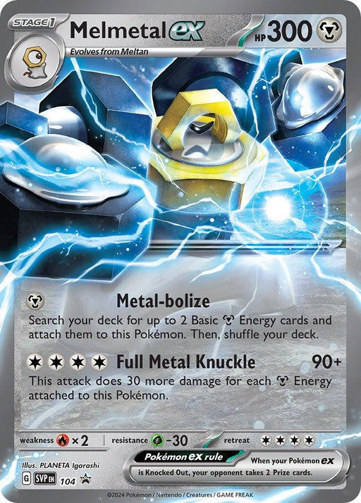 A Pokémon card featuring Melmetal ex (104) [Scarlet & Violet: Black Star Promos] from Pokémon. The silver card displays Melmetal, a metallic Pokémon outlined in blue electricity. Key details include 300 HP, Metal-bolize ability, and Full Metal Knuckle move. Text at the bottom shows it evolves from Meltan and follows the Pokémon ex rule.