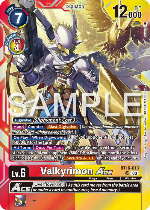 A Digimon card featuring Valkyrimon Ace [BT16-013] [Beginning Observer], a Mega Form warrior Digimon with blue armor, a white cape, and a bird-like helmet. Holding a sword and shield, the Super Rare card displays detailed stats: play cost of 7, 12,000 DP, and specific abilities. The red and yellow background includes text detailing its effects. "SAMPLE" is prominently displayed across the

