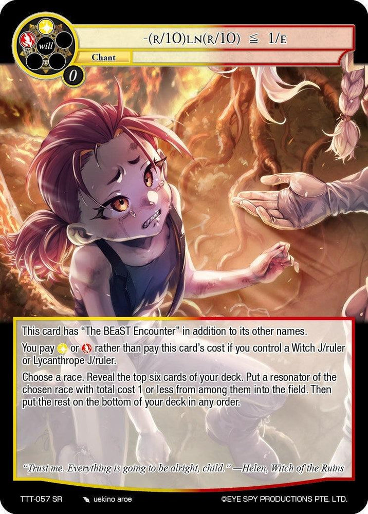 A Super Rare fantasy trading card featuring an illustrated scene with a young, purple-haired girl holding a staff. A hand, glowing with power, emerges from the ground nearby. Titled "-(R/10)LN(R/10) = 1/E (TTT-057 SR) [Thoth of the Trinity]," it details various game stats and abilities, including a choice of actions for the player. This card is part of the Force of Will brand.