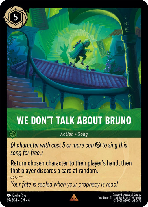 A green-themed card titled "We Don't Talk About Bruno (97/204) [Ursula's Return]" from Disney. It features a mysterious, shadowy figure on a staircase with a jungle background. This rare card costs 5 and is an Action Song, allowing cost 5 or more characters to sing it for free. The card is number 97/204.