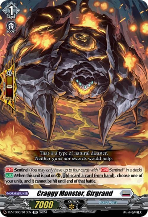 A "Cardfight!! Vanguard" trading card from the Start Up Trial Deck: Brandt Gate featuring "Craggy Monster, Girgrand (DZ-TD03/013EN)" by Bushiroad. It shows a rocky, spider-like creature with six legs and a glowing yellow and red core. The card has values of "Grade 1," "Boost," "7000" power, "1" critical, and abilities detailed at the bottom.