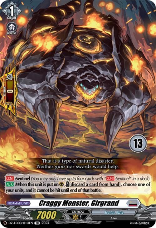 A trading card titled "Craggy Monster, Girgrand (13) (DZ-TD03/013EN) [Start Up Trial Deck: Brandt Gate]" from Bushiroad. The card features a monstrous creature with rocky, jagged features and a glowing core. It has 7000 power, 1 critical, and 13 shield. Various game-specific stats and effects are listed on the card.