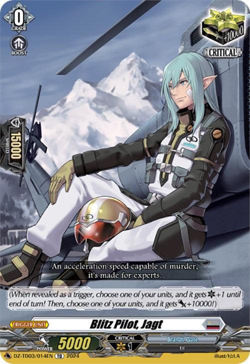 A trading card featuring an elf-like character named Blitz Pilot, Jagt. The character has long teal hair, is in a pilot's suit with a helmet by his side, and sits in front of a snowy mountain backdrop. This Blitz Pilot, Jagt (DZ-TD03/014EN) [Start Up Trial Deck: Brandt Gate] card from Bushiroad includes various stats, effects, and descriptive text about the character's Critical Trigger abilities.