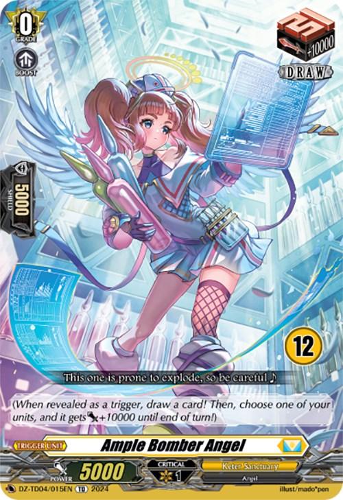 A trading card from the Start Up Trial Deck: Keter Sanctuary by Bushiroad depicts a blue-haired angel in a pink dress and white boots, holding a blue transparent board with data. The card, named 