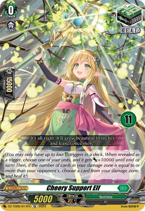 A fantasy card game image featuring a character named "Cheery Support Elf (11) (DZ-TD05/017EN) [Start Up Trial Deck: Stoicheia]" from Bushiroad. The elf has long blonde hair, green eyes, and is surrounded by glowing leaves. She holds a branch and appears in front of a forest background. The card details include various stats, abilities, and a Heal Trigger icon.