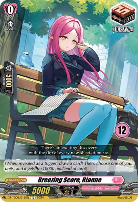 A trading card from the Start Up Trial Deck: Lyrical Monasterio features Rianne with long pink hair, wearing a dark jacket and blue skirt, sitting on a park bench with a musical sheet. The card reads "Breezing Score, Rianne (12) (DZ-TD06/015EN)" and includes her stats: Power 5000, Critical 1, and Shield 5000. When revealed as a trigger, draw a card!