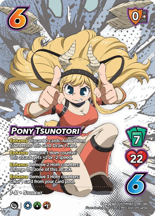 A trading card featuring the character "Pony Tsunotori." She has long blonde hair, two horns on her head, and wears a red dress. The card type is Character with the stats: 6 attack, 7 damage, 22 health, and 6 speed. Special abilities include adding or removing Horn counters to enhance effects. The card's full name is Pony Tsunotori [Girl Power] from UniVersus.