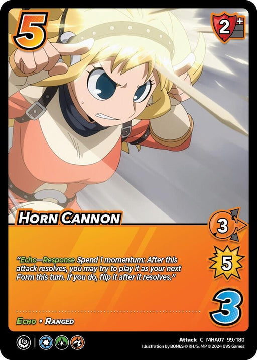 Trading card featuring a determined anime-style character in an action pose, wearing a red and cream outfit with orange gloves. Card details: "5 difficulty, 2 check, 3 high attack, 5 damage, 3 speed." Card title: __Horn Cannon [Girl Power]__. Special ability: "Echo-Response: Spend 1 momentum..." The card showcases powerful ranged attack abilities. This product is brought to you by **UniVersus**.
