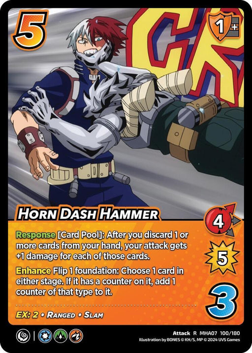 A My Hero Academia trading card features the character Shoto Todoroki using his Half-Cold Half-Hot Quirk. The rare "Horn Dash Hammer [Girl Power]" card displays various stats: 5 difficulty, 1 check, 4 speed, 5 damage, and a 3 block modifier. Illustrated by BONES © KH, JP © 2024 UniVersus.