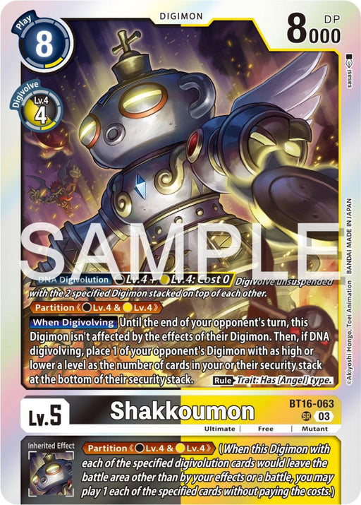 The image depicts a Digimon trading card for "Shakkoumon [BT16-063] [Beginning Observer]." It has a play cost of 8 and a DP of 8000. The card illustration shows Shakkoumon, a robotic figure with arms and circular glowing eyes. The background features the Digimon logo, descriptive icons, and mentions its DNA Digivolution process.