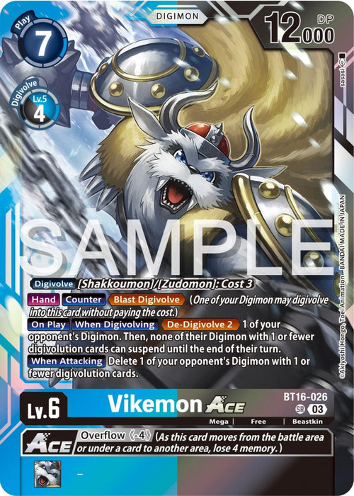 A Digimon card for "Vikemon Ace [BT16-026] [Beginning Observer]" characterized by white fur, numerous long tusks, and clad in blue armor with iron gloves. The Super Rare card displays blue and black colors with Level 6, 7 Play Cost, 12,000 DP, and various abilities including Digivolve and De-Digivolve in its Mega Form.