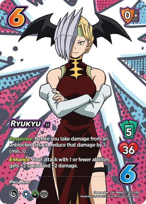 A UniVersus Ryukyu [Girl Power] trading card for Pro Hero Ryukyu from a game. It shows a blonde woman with a bat-like head accessory, wearing a red top and fingerless gloves. The card has various stats: 6 attack, 0+ block, 5 check, 36 health, and 6 difficulties. Also includes ability descriptions and game icons.