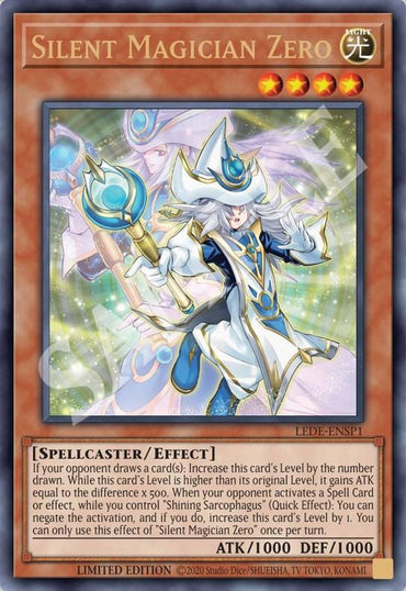 A Yu-Gi-Oh! trading card titled "Silent Magician Zero [LEDE-ENSP1] Ultra Rare." This Ultra Rare Effect Monster depicts a mystical figure in elaborate, white and blue robes with a hat, holding a staff. It boasts 1000 ATK and 1000 DEF points, detailed effects, attributes, and is marked as "Limited Edition.