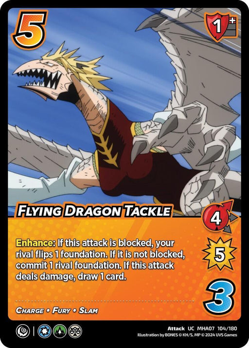 A trading card titled "Flying Dragon Tackle [Girl Power]" by UniVersus features a fierce, muscular dragon-like creature with sharp claws, wings, and a determined expression. The card displays a power of 5, defense of 1, speed of 4, and a yellow background with descriptive text detailing its attack capabilities and furious charge.