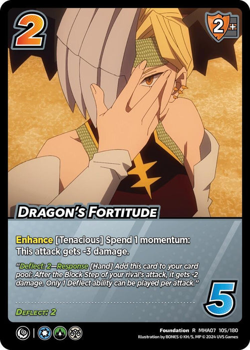 A rare trading card titled "Dragon's Fortitude [Girl Power]" by UniVersus with a Defense value of 2 and a Check value of 5. The card features a character with short hair, wearing a gray outfit with a green sash and headband, holding a clawed arm. As part of its foundation abilities, the Enhance effect reduces attack damage by 3, while Deflect 2 can be activated for blocking.