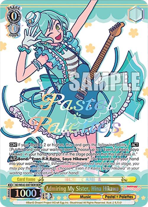 A colorful trading card from "BanG Dream! Girls Band Party!" features an animated girl with teal hair, holding an electric guitar, and smiling. The card has "Pastel✽Palettes" in light blue cursive font, and game-related details like level, points, and abilities. The bottom text reads, "Admiring My Sister, Hina Hikawa (BD/WE42-E001BDR BDR) [BanG Dream! Girls Band Party! Countdown Collection]". This product is presented by Bushiroad.