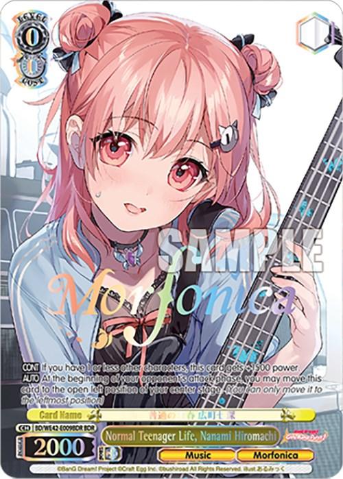 The Bushiroad Countdown Collection trading card features an anime-style girl with pink twin pigtails and red eyes holding a guitar. She wears a blue school uniform. The card's text includes stats and abilities: 2000 power, characteristics, and descriptions for "Normal Teenager Life, Nanami Hiromachi (BD/WE42-E009BDR BDR) [BanG Dream! Girls Band Party! Countdown Collection]," with "Music," "Morfonica," and BanG Dream! Girls Band Party themes.