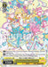 A colorful trading card from the Bushiroad featuring **Looking for Fun Things, Kokoro Tsurumaki (BD/WE42-E012 N) [BanG Dream! Girls Band Party! Countdown Collection]**. The character, with long blonde hair, wears a blue and white dress adorned with musical notes and stars. She is surrounded by cute bear-like creatures. The background is filled with pastel colors and stars. Text descriptions and stats are at the bottom.