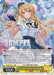 A colorful card from the Bushiroad showcases an anime-style character, Toko Kirigaya, with long blonde hair, wearing a gray and blue outfit with a sash. She holds a microphone and is surrounded by vibrant balloons. The card has detailed text and stats, with "SAMPLE" prominently displayed across the image.