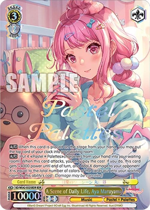 A colorful trading card featuring "A Scene of Daily Life, Aya Maruyama (BD/WE42-E025BDR BDR) [BanG Dream! Girls Band Party! Countdown Collection]" from Bushiroad. The illustrated character, a pink-haired girl from Pastel Palettes, is surrounded by plush toys. The card's stats, abilities, and text details are visible along with the "SAMPLE" watermark across the image.