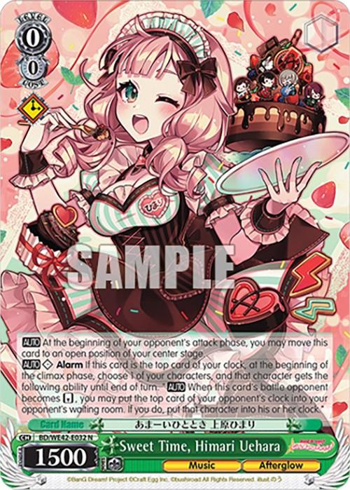 This Sweet Time, Himari Uehara (BD/WE42-E032 N) [BanG Dream! Girls Band Party! Countdown Collection] from Bushiroad features an anime-style girl with wavy pink hair holding a microphone. Dressed in a green and white maid outfit with striped stockings, she stands against a vibrant background of heart and music note motifs. The card text and statistics are displayed at the bottom.