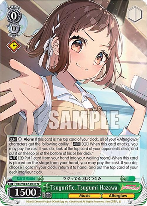 A trading card features an animated character with short brown hair, wearing a white and blue uniform. She is smiling and making a peace sign with her right hand. The card includes various stats and text, including her name "Tsugurific, Tsugumi Hazawa (BD/WE42-E035 N) [BanG Dream! Girls Band Party! Countdown Collection]" from the "Girls Band Party" and "Afterglow" categories in Bushiroad!