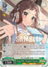 A trading card features an animated character with short brown hair, wearing a white and blue uniform. She is smiling and making a peace sign with her right hand. The card includes various stats and text, including her name "Tsugurific, Tsugumi Hazawa (BD/WE42-E035 N) [BanG Dream! Girls Band Party! Countdown Collection]" from the "Girls Band Party" and "Afterglow" categories in Bushiroad!