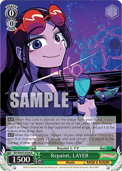 A trading card from the Repaint, LAYER (BD/WE42-E036 N) [BanG Dream! Girls Band Party! Countdown Collection] by Bushiroad features an anime character with long dark hair, red hair accessories, and a black outfit. She holds a blue glass against a colorful array of lights and designs. The card name "Repaint, LAYER" highlights her connection to RAISE A SUILEN.