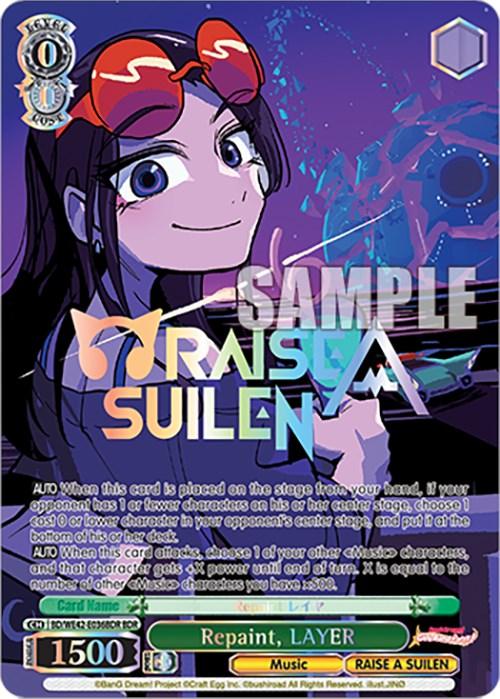 A trading card featuring an anime girl with long dark hair and red goggles on her head. She is smiling and holding an electronic device. The card title reads "Repaint, LAYER (BD/WE42-E036BDR BDR) [BanG Dream! Girls Band Party! Countdown Collection]," part of the Countdown Collection from RAISE A SUILEN in BanG Dream! Girls Band Party! The background has a purple-blue gradient with music-themed graphics. This product is by Bushiroad.