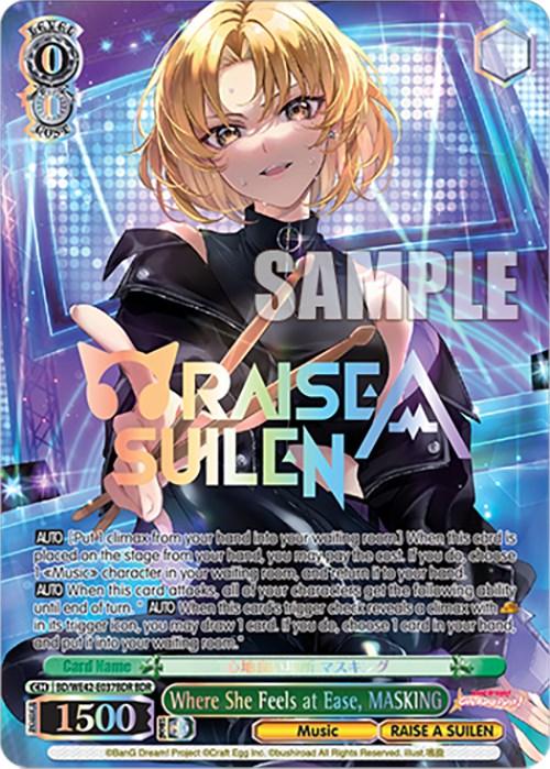 A trading card features a character with short blonde hair wearing a black leather outfit. The background is a rainbow gradient with the RAISE A SUILEN logo prominently displayed. Part of the exclusive Where She Feels at Ease, MASKING (BD/WE42-E037BDR BDR) [BanG Dream! Girls Band Party! Countdown Collection] from Bushiroad, it includes stats, abilities, and the title "Where She Feels at Ease, MASKING.