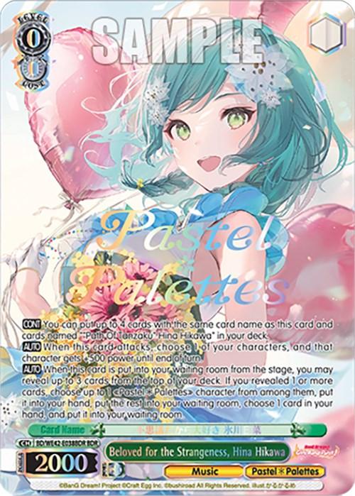 A trading card from the Countdown Collection titled "Beloved for the Strangeness, Hina Hikawa (BD/WE42-E038BDR BDR) [BanG Dream! Girls Band Party! Countdown Collection]" by Bushiroad features a vibrantly colored anime character with green hair and blue eyes, dressed in a yellow and blue outfit against a pink heart-patterned background. Part of BanG Dream! Girls Band Party!, it boasts a power rating of 2000.