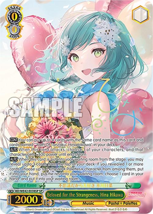 An illustrated card from the Bushiroad Countdown Collection depicts Hina Hikawa, a green-haired anime character with a floral headpiece and colorful dress, smiling and posing with her left hand raised. The background features soft, pastel colors and heart-shaped balloons. Text at the bottom details her stats and abilities, with "SAMPLE" overlaid in large letters. This card is titled Beloved for the Strangeness, Hina Hikawa (BD/WE42-E038SP SP) [BanG Dream! Girls Band Party! Countdown Collection].