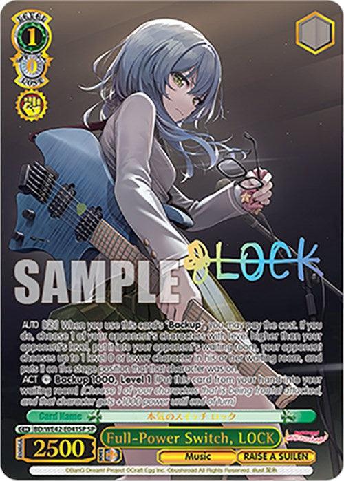 A trading card from the BanG Dream! Girls Band Party! Countdown Collection by Bushiroad features an anime character with short silver hair and blue eyes, holding a blue electric guitar. The dark background sets the stage for stats like "Level 1," "2500 Power," and gameplay text. Prominently displayed are "Full-Power Switch, LOCK (BD/WE42-E041SP SP)" and "SAMPLE".