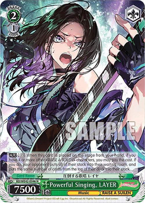 A trading card features an intense illustration of a woman from BanG Dream! Girls Band Party! playing an electric guitar. She has long dark hair, piercing eyes, and wears gloves, a black choker, and a headset. The vibrant background has purple, blue, and green hues. The card's text reads "Powerful Singing, LAYER (BD/WE42-E046 N) [BanG Dream! Girls Band Party! Countdown Collection]," celebrating the 2024 release by Bushiroad.