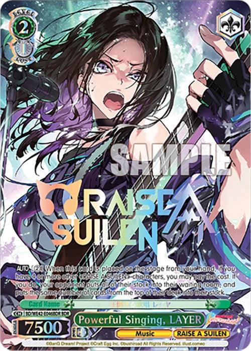 A colorful trading card from the *Countdown Collection* depicts an animated female character with long black hair, a fierce expression, and a dark outfit. Holding a microphone, she embodies "RAISE A SUILEN" from *BanG Dream! Girls Band Party*. The card features the text "Powerful Singing, LAYER (BD/WE42-E046BDR BDR) [BanG Dream! Girls Band Party! Countdown Collection]" and specific numerical attributes. This product is brought to you by Bushiroad.