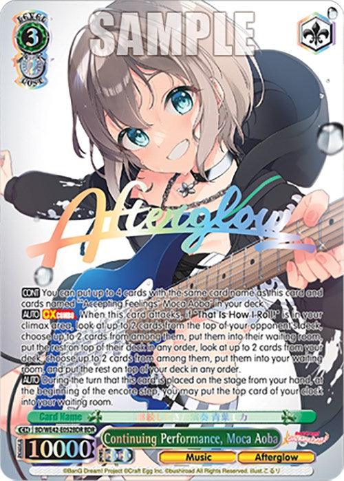 A trading card featuring an animated girl with short, brown hair and blue eyes from the Countdown Collection. She is wearing a sleeveless top and has a playful expression. The colorful background boasts abstract designs. "Continuing Performance, Moca Aoba (BD/WE42-E052BDR BDR) [BanG Dream! Girls Band Party! Countdown Collection]" from Bushiroad is displayed at the bottom along with various icons, stats, and text.