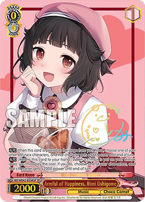 A Bushiroad Armful of Happiness, Rimi Ushigome (BD/WE42-E054SP SP) [BanG Dream! Girls Band Party! Countdown Collection] trading card depicting a girl with wavy black hair and brown eyes, wearing a pink beret, white blouse, and red skirt. She has a warm smile with blush on her cheeks. There is sample text across her. The card features detailed stats, abilities, and text in a red-bordered layout.