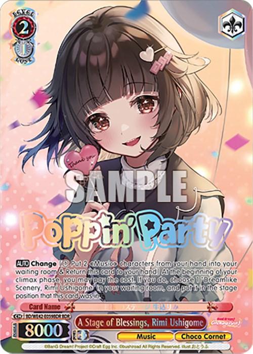 A colorfully illustrated trading card features a smiling, short-haired anime girl with a bow in her hair. She is surrounded by vibrant text reading "Poppin' Party," from the *Girls Band Party! BanG Dream!* series. Various symbols and numbers are displayed on the card, along with the name "A Stage of Blessings, Rimi Ushigome (BD/WE42-E059BDR BDR) [BanG Dream! Girls Band Party! Countdown Collection]." The background is decorative and lively. The brand name "Bushiroad" is prominently featured as well.