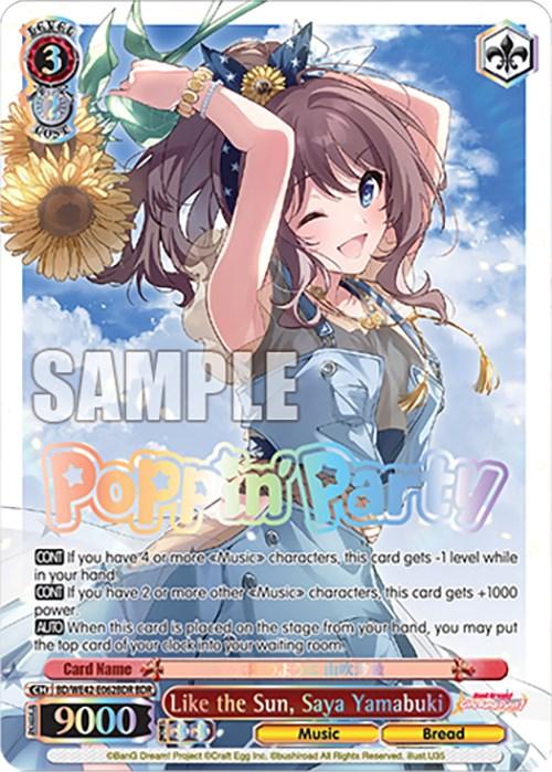 A trading card titled "Like the Sun, Saya Yamabuki (BD/WE42-E062BDR BDR) [BanG Dream! Girls Band Party! Countdown Collection]" from Bushiroad features an anime girl with long brown hair, wearing a white top and jean shorts, holding a sunflower. The background is a blue sky with clouds. Part of the Countdown Collection from BanG Dream! Girls Band Party!, it displays various stats and descriptions, and boasts the colorful "Poppi'n Party" logo.