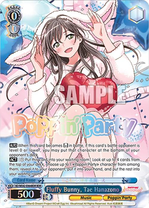 A colorful card from the Countdown Collection features an anime girl with long brown hair, rabbit ears, and a white sweater, holding a heart-shaped cushion. Text on the card includes "Poppin'Party" in vibrant letters and details about the character, Fluffy Bunny, Tae Hanazono (BD/WE42-E064BDR BDR) [BanG Dream! Girls Band Party! Countdown Collection], from BanG Dream! Girls Band Party!. The background displays whimsical patterns and music notes. This product is brought to you by Bushiroad.