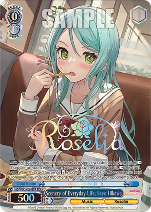 A trading card from the Scenery of Everyday Life, Sayo Hikawa (BD/WE42-E065BDR BDR) [BanG Dream! Girls Band Party! Countdown Collection] by Bushiroad features an anime girl with long, mint green hair and teal eyes, looking surprised while holding a lollipop near her mouth. She wears a blue uniform with red accessories. The name "Roselia" and detailed card stats appear below, set against a sunlit indoor backdrop.