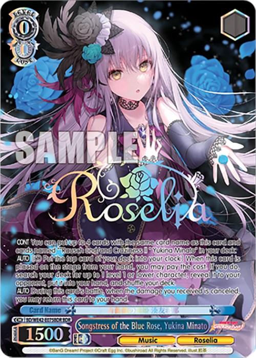 A trading card from the Countdown Collection featuring an anime-style girl with long silver hair and purple highlights, wearing an ornate black and blue dress. She has a blue rose in her hair and is surrounded by glowing lights and musical notes. The Songstress of the Blue Rose, Yukina Minato (BD/WE42-E075BDR BDR) [BanG Dream! Girls Band Party! Countdown Collection] from Bushiroad is labeled "Songstress of the Blue Rose, Yukina Minato" with stats and abilities.