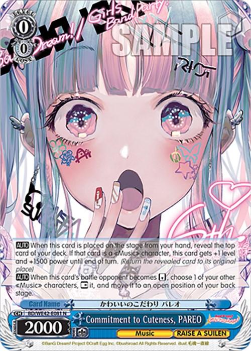A trading card features an anime-style character with long, pastel-colored hair adorned with accessories. She has expressive eyes with heart-shaped highlights and various colorful stickers on her face. Perfect for fans of BanG Dream! Girls Band Party!, the Commitment to Cuteness, PAREO (BD/WE42-E081 N) [BanG Dream! Girls Band Party! Countdown Collection] by Bushiroad displays the card text and character stats below the image.