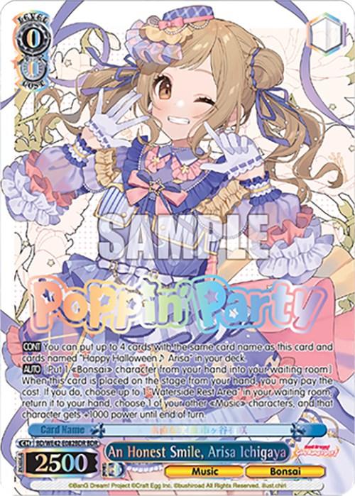 A colorful trading card featuring An Honest Smile, Arisa Ichigaya (BD/WE42-E082BDR BDR) [BanG Dream! Girls Band Party! Countdown Collection] by Bushiroad in an anime art style. She wears a detailed, frilly outfit with shades of blue, pink, and white and strikes a cheerful pose. Text elements list her abilities, card name "Happy Halloween~ Arisa," and game details.