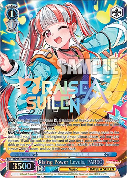 An anime-style trading card from the Bushiroad BanG Dream! Girls Band Party! Countdown Collection features a character with long, white hair tipped with blue and orange, styled in twin tails. She wears a colorful jacket. The vibrant background displays "RAISE A SUILEN." Titled "Rising Power Levels, PAREO (BD/WE42-E091BDR BDR) [BanG Dream! Girls Band Party! Countdown Collection]," the card is valued at 3500 points.