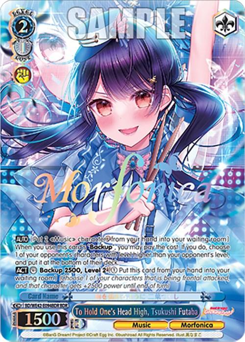 A trading card from Bushiroad's BanG Dream! Girls Band Party! Countdown Collection features an animated character with dark blue hair and purple eyes. Framed text "Morfonica" overlays the character. The card, titled "To Hold One's Head High, Tsukushi Futaba (BD/WE42-E094BDR BDR) [BanG Dream! Girls Band Party! Countdown Collection]," includes a set of statistics at the bottom, with a score of 15000. Text details the card’s abilities.